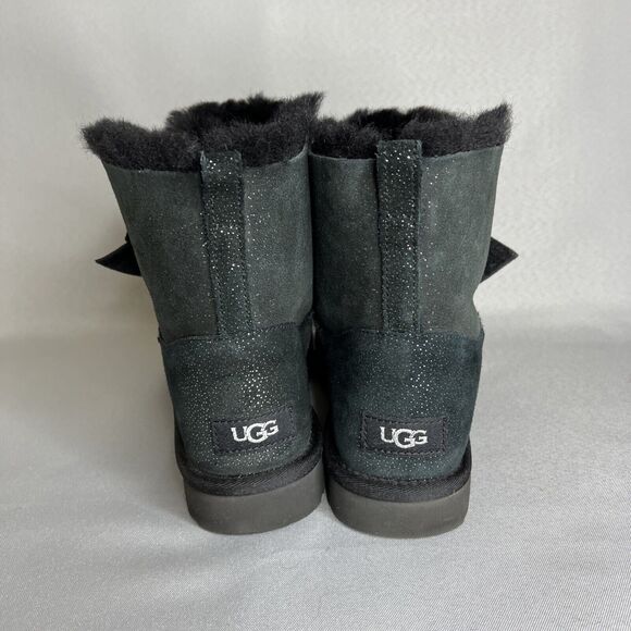 Women's Ugg Boots Sz 7 Black Gita Twinkle Bow Mini Bootie Satin Bow Glitter-like - Picture 6 of 16